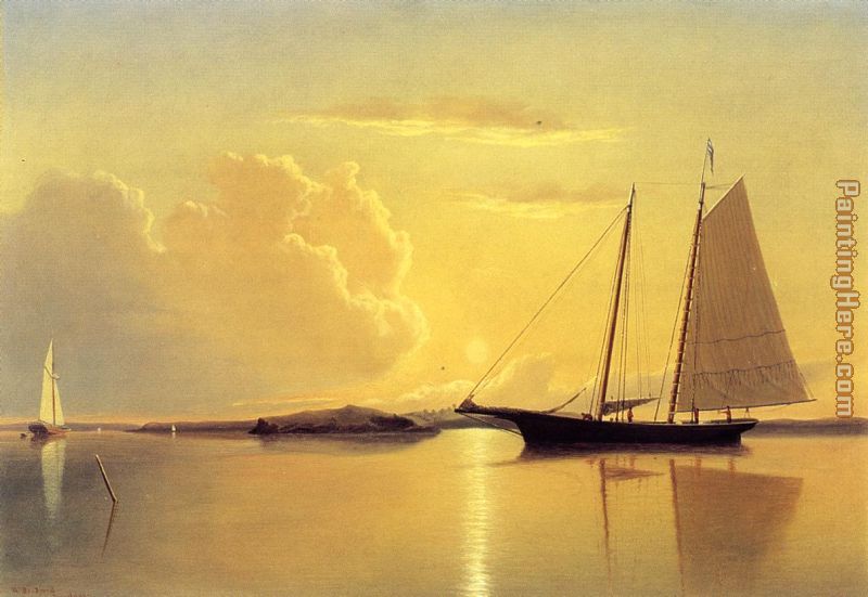 Schooner in Fairhaven Harbor, Sunrise painting - William Bradford Schooner in Fairhaven Harbor, Sunrise art painting